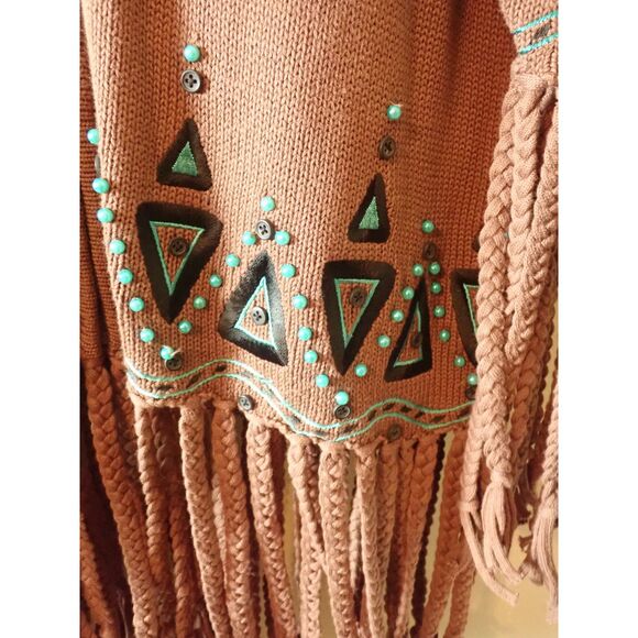 Bob Mackie Wearable Art Brown Full-Zip Sweater Beaded Turquoise Fringe Medium - Picture 8 of 10